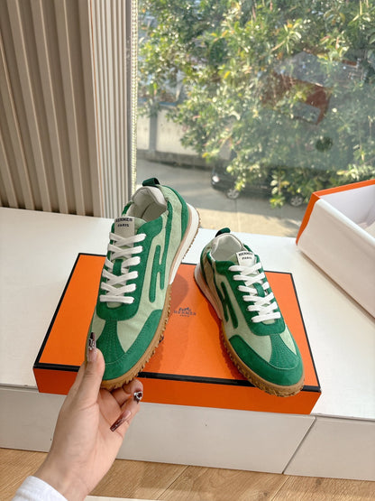 Hermes Women Green Suede Canvas Sneakers