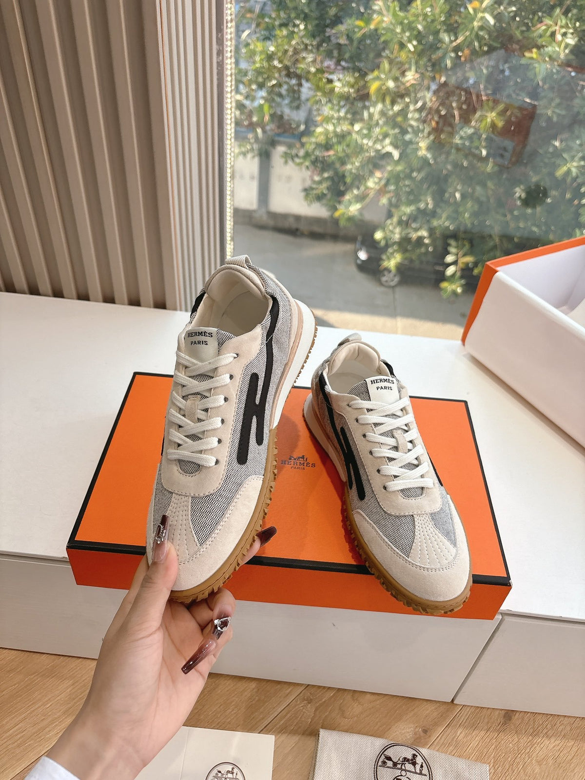 Hermes Women White Suede And Mesh Sneakers