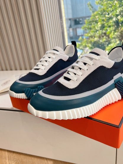 Hermes Women Navy Blue White Mesh Sneakers