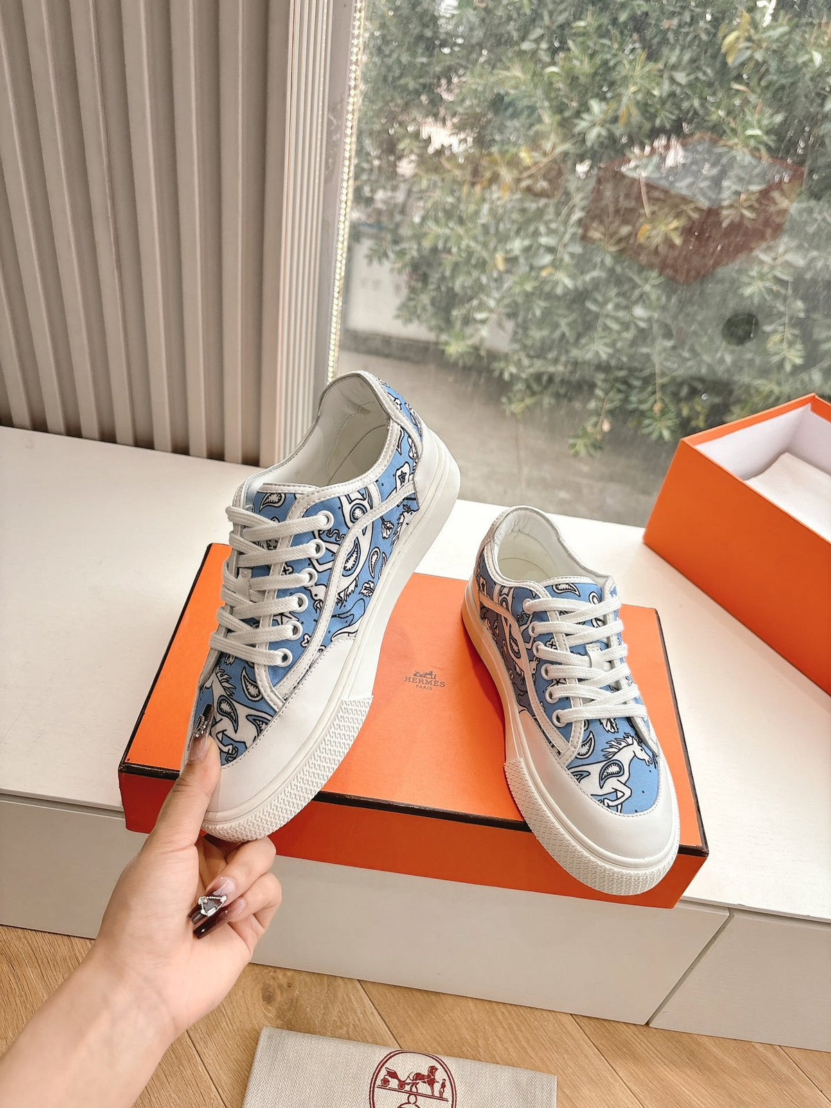 Hermes Women Light Blue Canvas And White Sneakers
