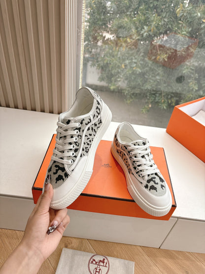 Hermes Women White Canvas Leopard Print Sneakers