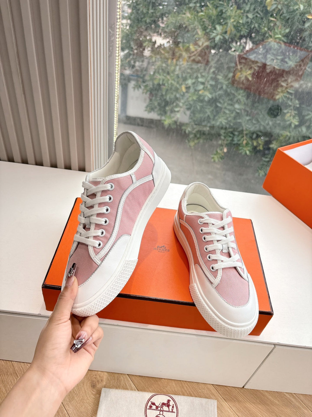 Hermes Women Pink Canvas And White Leather Sneakers