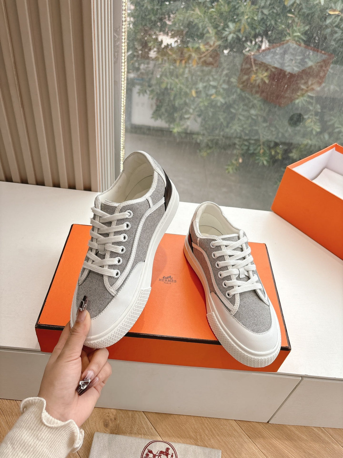 Hermes Women White Gray Mesh Canvas Sneakers