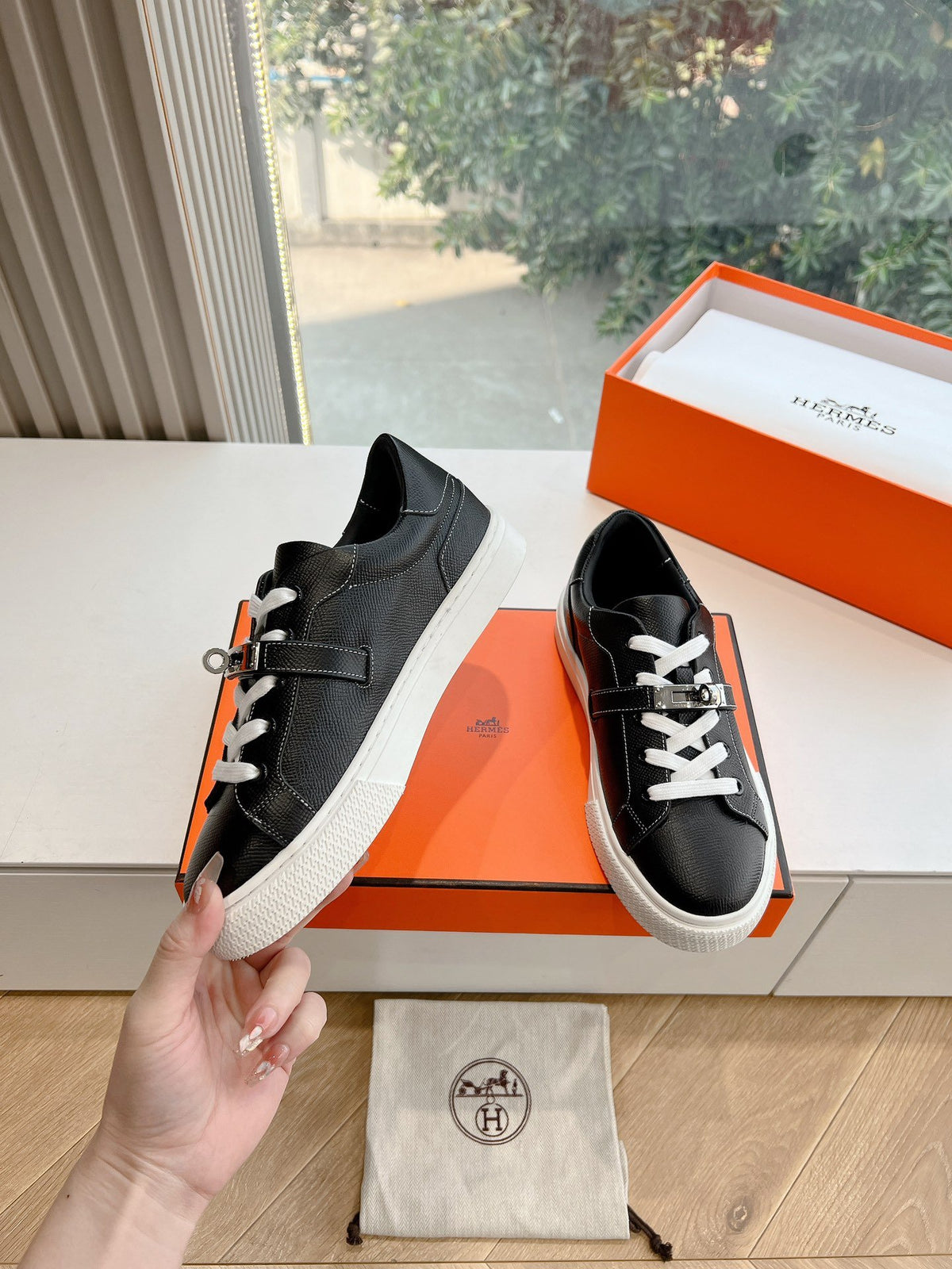 Hermes Women Black Leather Sneakers With Buckle Strap