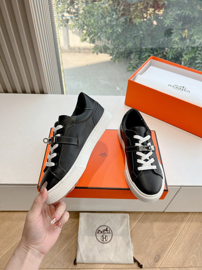 Hermes Women Black Leather Sneakers With Buckle Strap