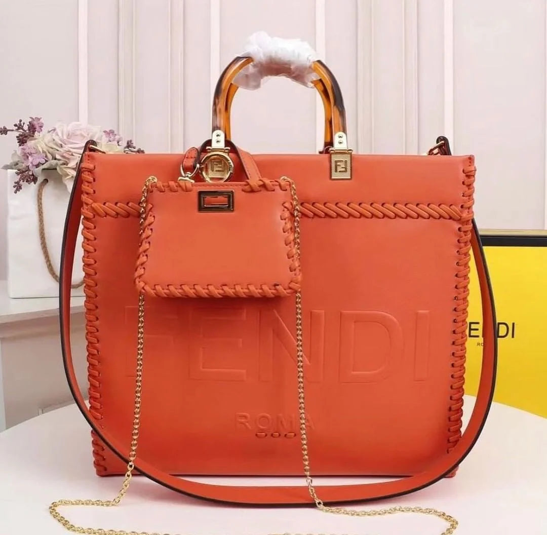 Fendi Sunshine Tote Bag Orange With Decorative Stitching