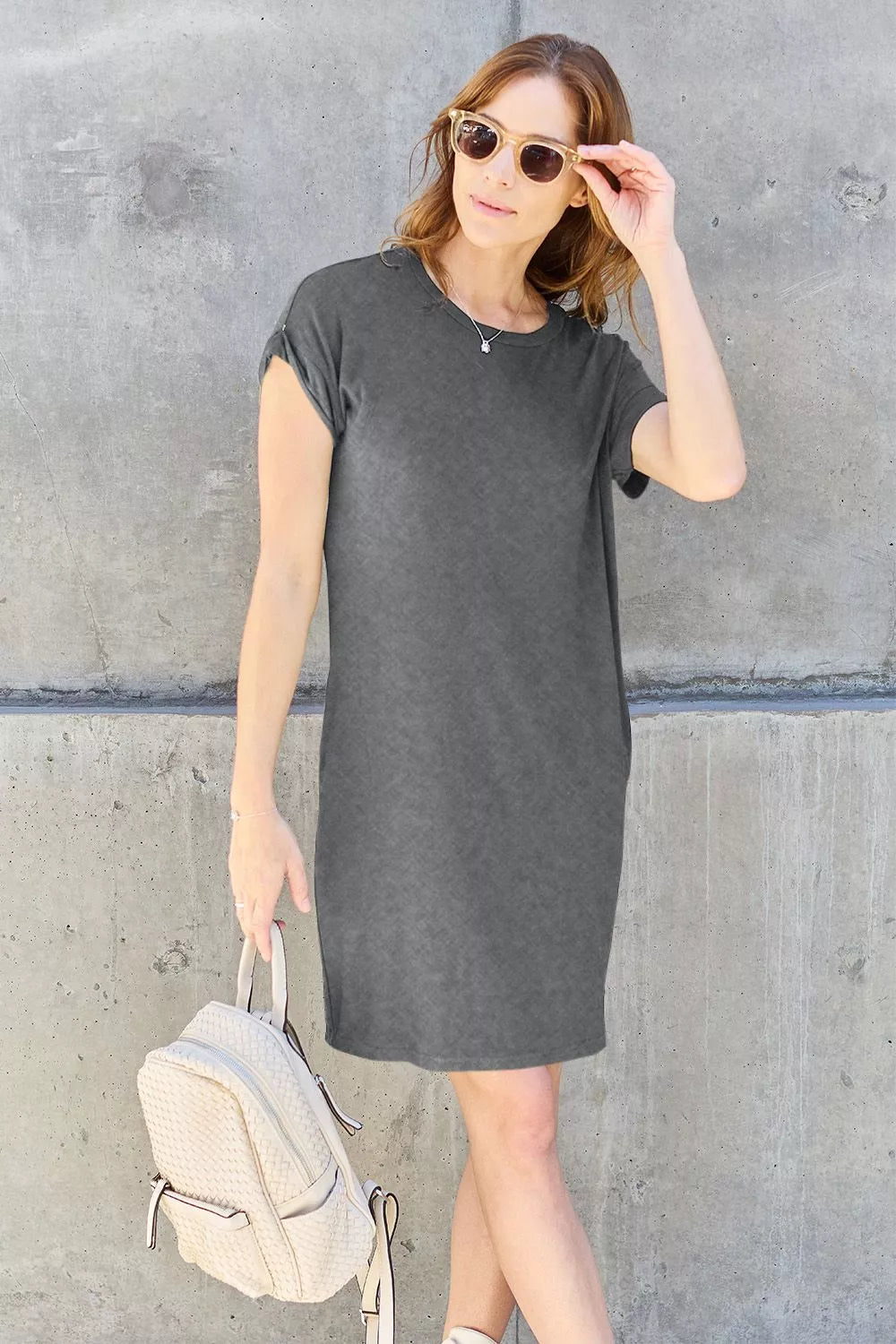 Basic Bae Full Size Solid Round Neck Short Sleeve Casual Loose Mini T-Shirt Dress with Side Pockets