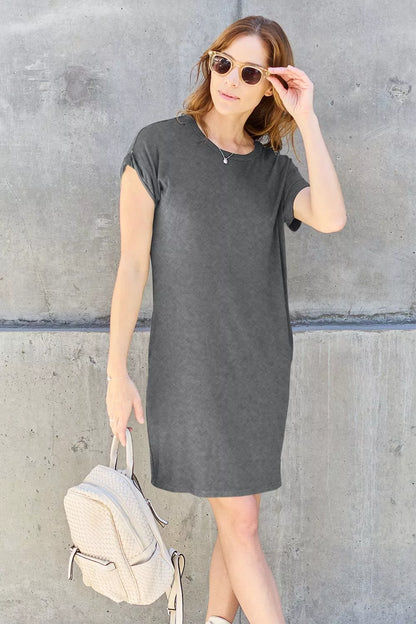 Basic Bae Full Size Solid Round Neck Short Sleeve Casual Loose Mini T-Shirt Dress with Side Pockets