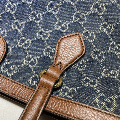 Gucci Medium Tote GG Denim Bag Brown Navy blue Leather
