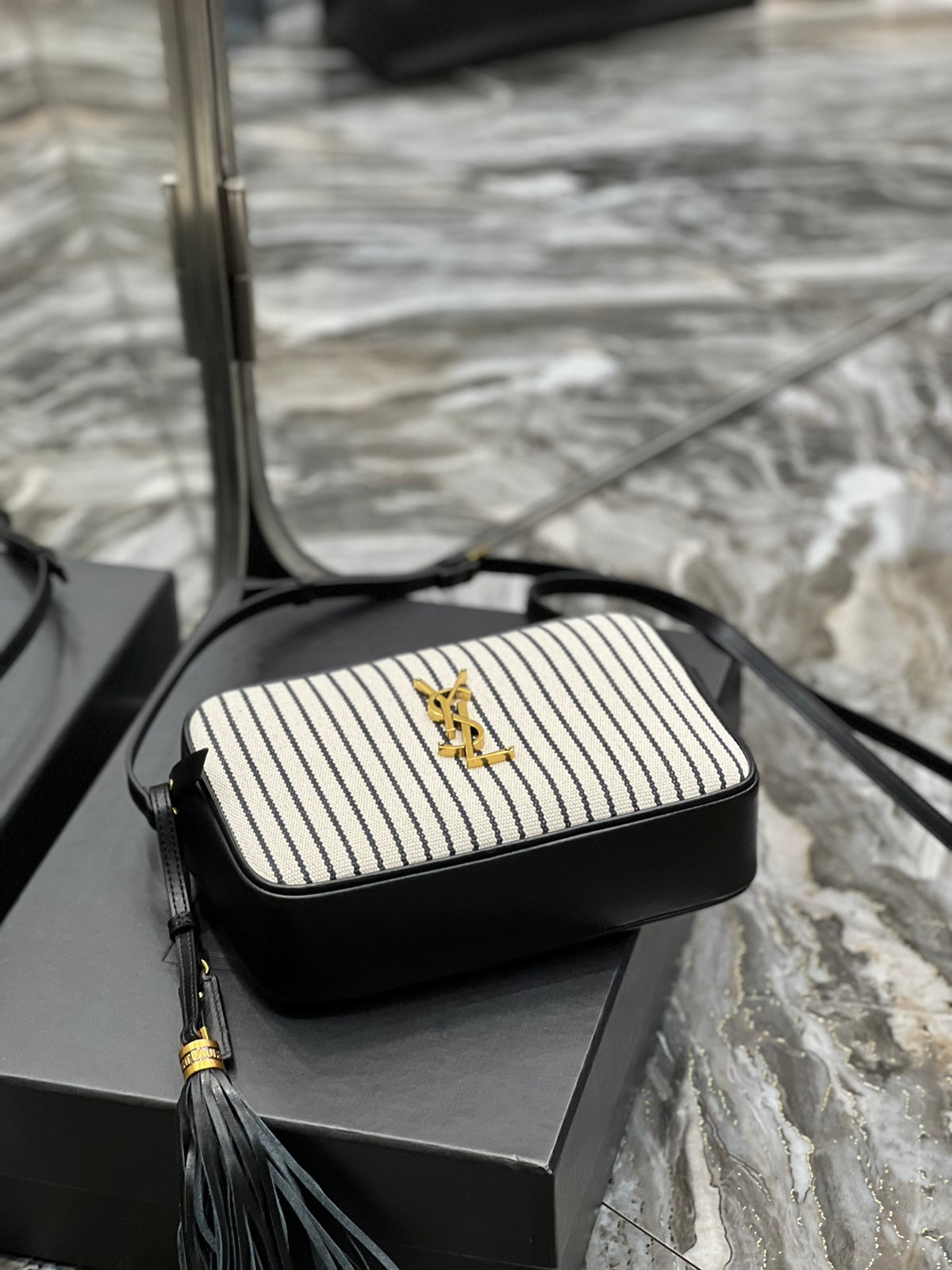SAINT LAURENT Lou Medium Ysl Striped Canvas Camera Crossbody Bag In Grey Cream