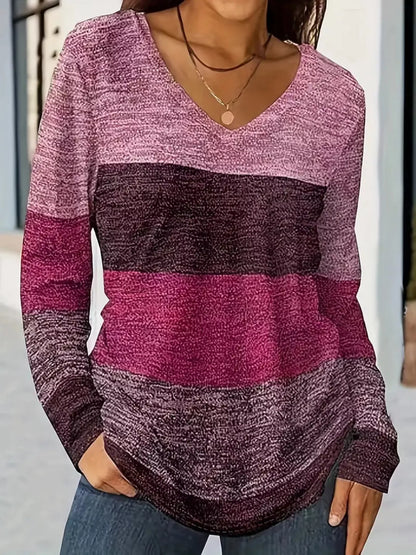 V-Neck Color Block Long Sleeve Casual T-Shirt