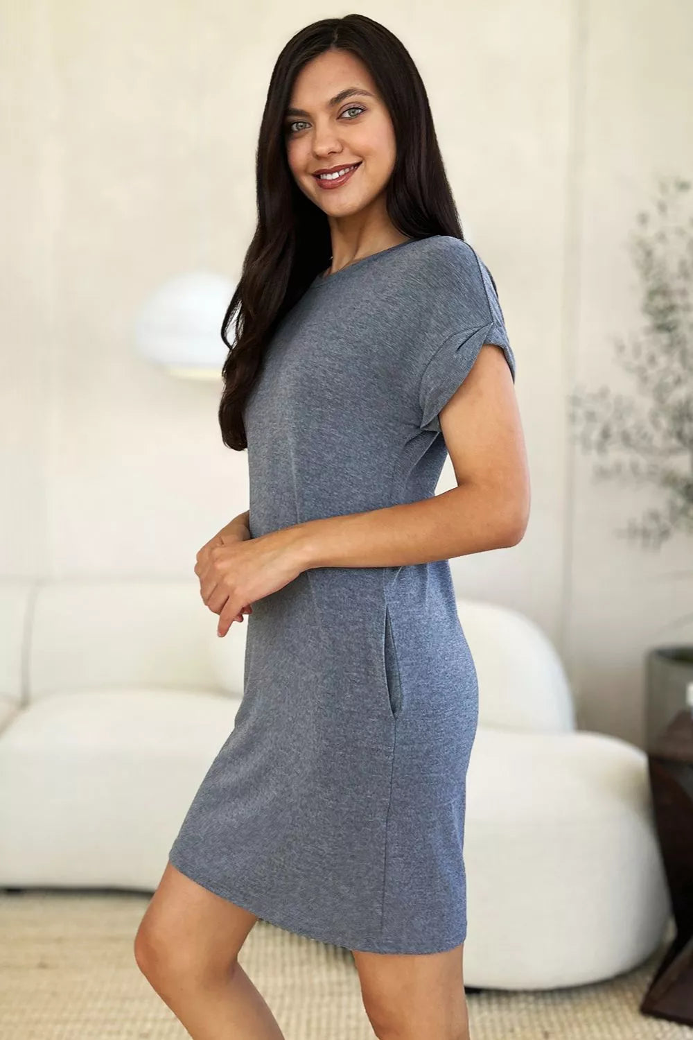 Basic Bae Full Size Solid Round Neck Short Sleeve Casual Loose Mini T-Shirt Dress with Side Pockets