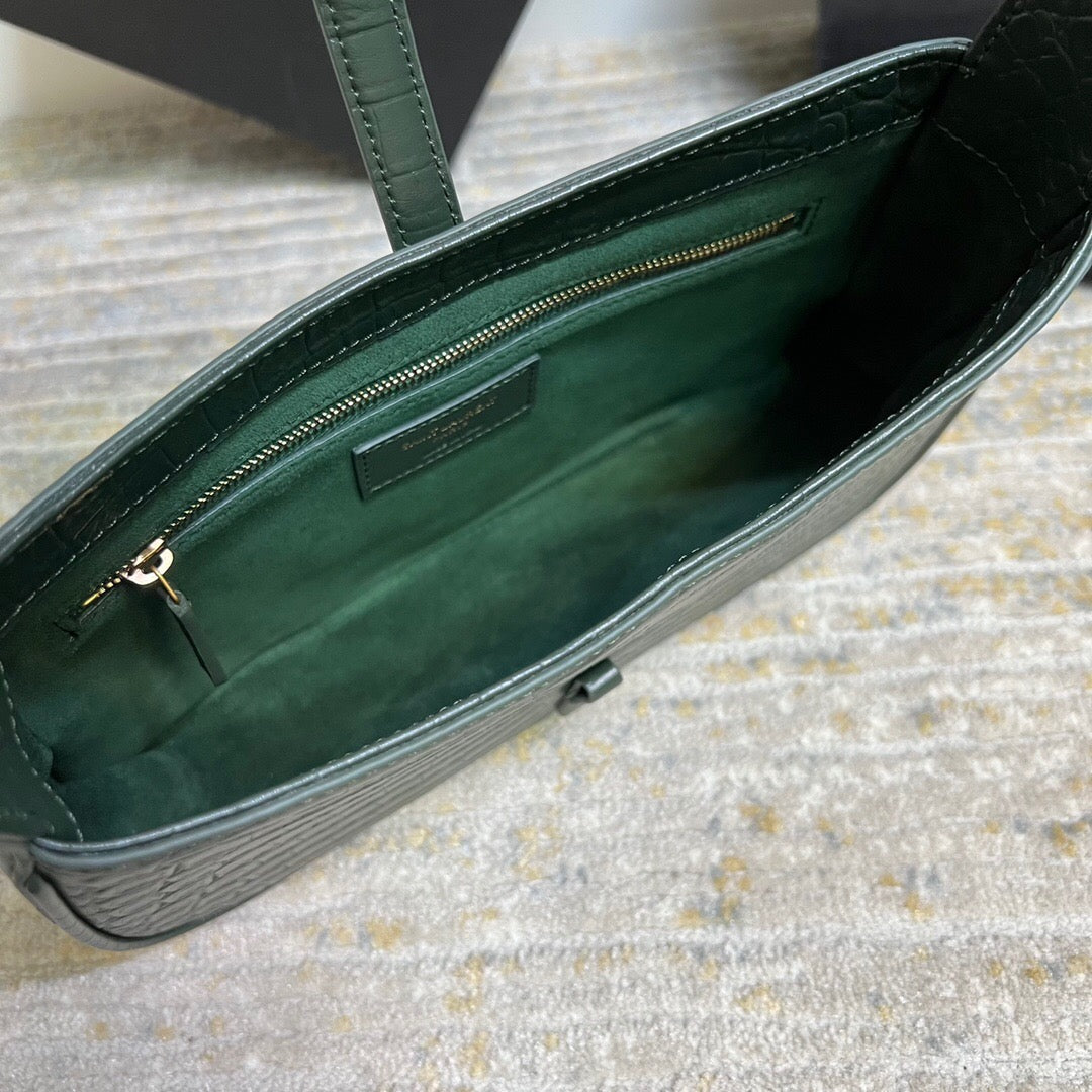 SAINT LAURENT Le 5 À 7 Green Crocodile-effect Leather Shoulder Bag In Dark Green