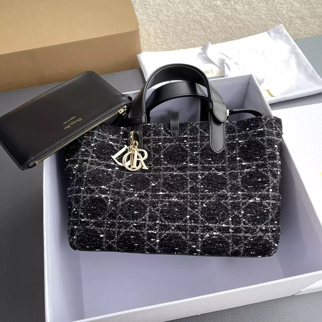 Christian Dior Calfskin Tweed Cannage Medium Toujours Black White