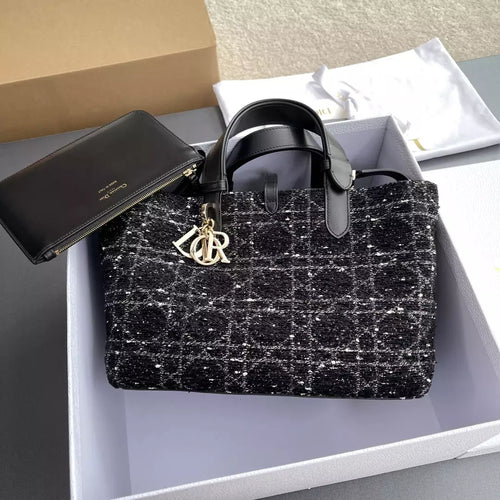 Christian Dior Calfskin Tweed Cannage Medium Toujours Black White
