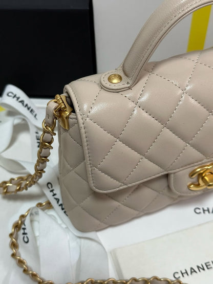 Chanel Beige Leather Small Top Handle Flap Bag