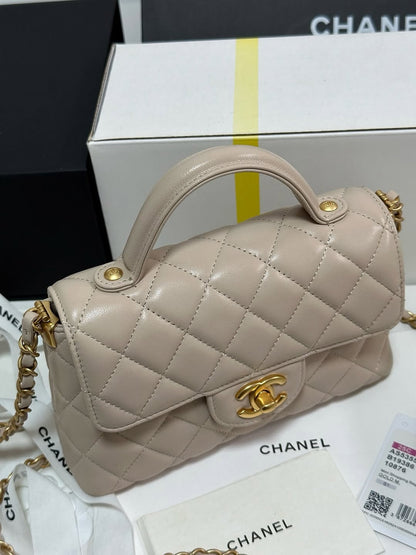 Chanel Beige Leather Small Top Handle Flap Bag