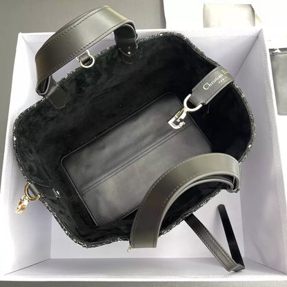 Christian Dior Calfskin Tweed Cannage Medium Toujours Black White