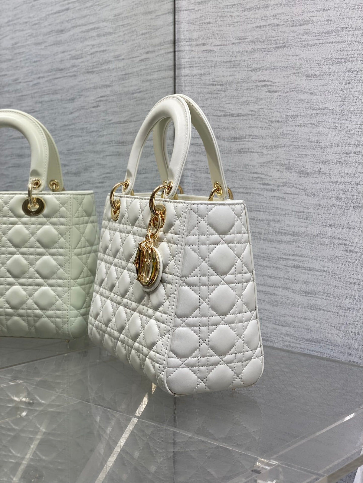 Dior Medium Lady Bag in White Gold Hardware