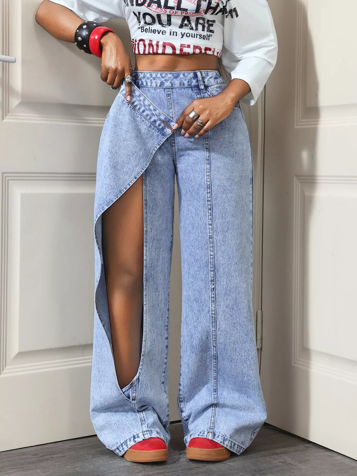 High-Waisted Asymmetric Wrap Wide-Leg Jeans