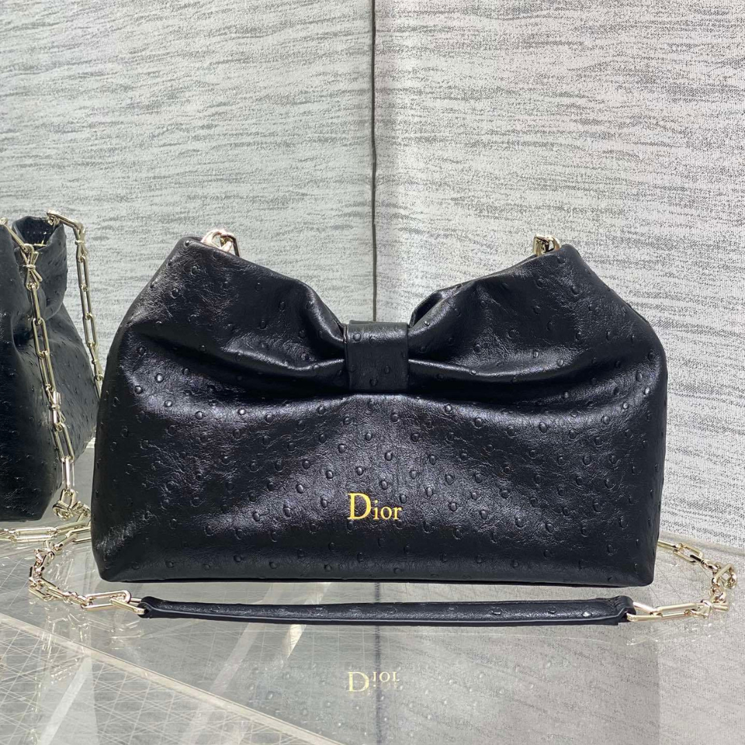 Dior Bow Bag Small Black Ostrich Leather