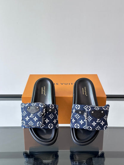 LV Men Navy Fabric Slides