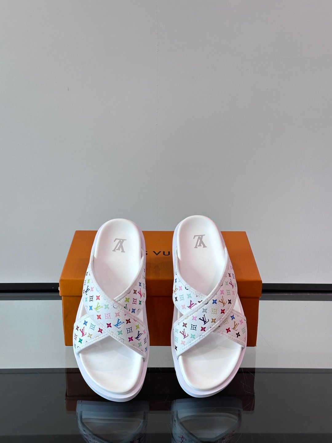 LV Men White Multicolor Leather Slides