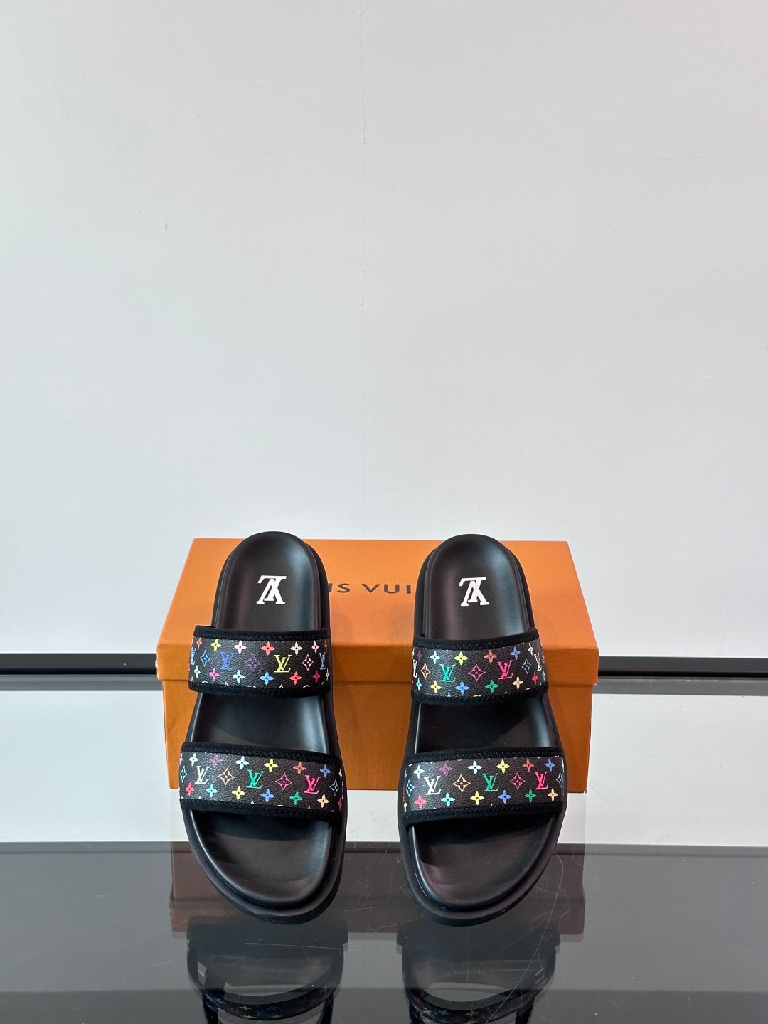 LV Men Black Canvas Double Strap Slides