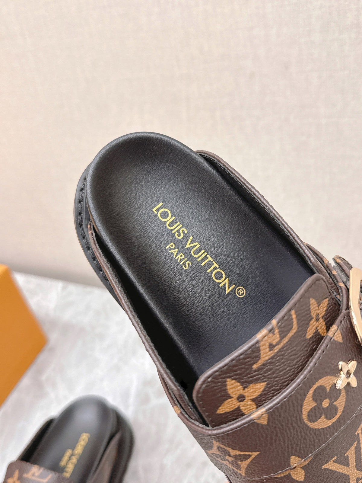 LV Women Brown Leather Monogram Mules