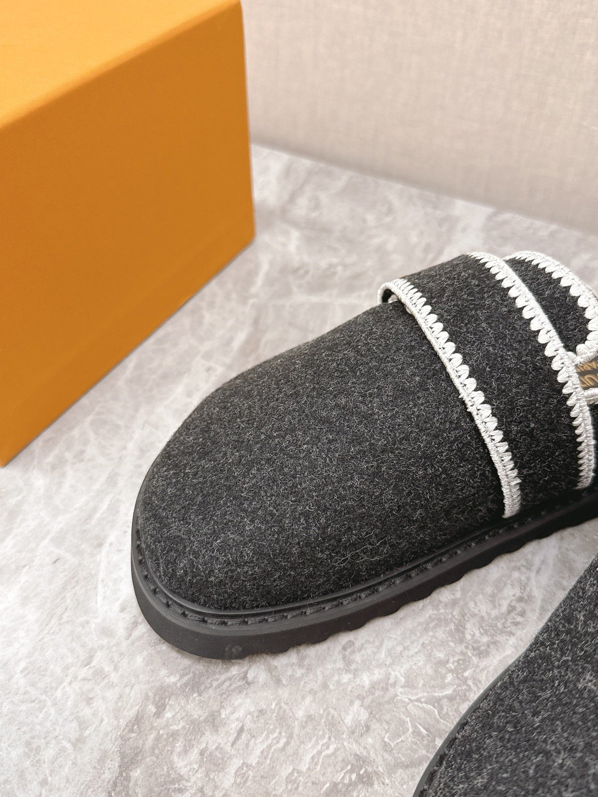 LV Women Black Felt Leather Trim Mules