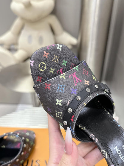 LV Women Black Leather Multicolor Logo Mules
