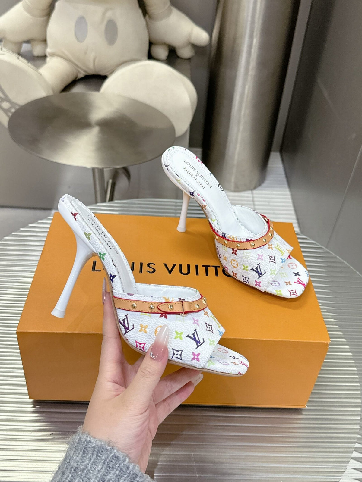 LV Women White Multicolor Printed Leather Mules