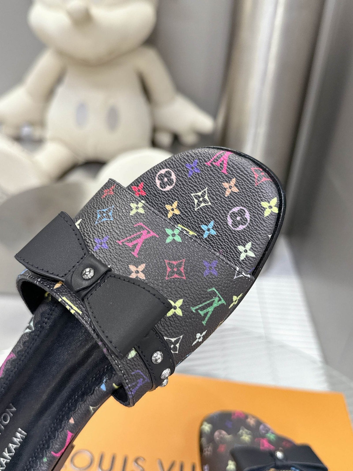 LV Women Black Patterned Leather Bow Slide Sandals