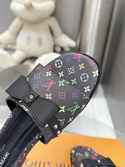 LV Women Black Patterned Leather Bow Slide Sandals