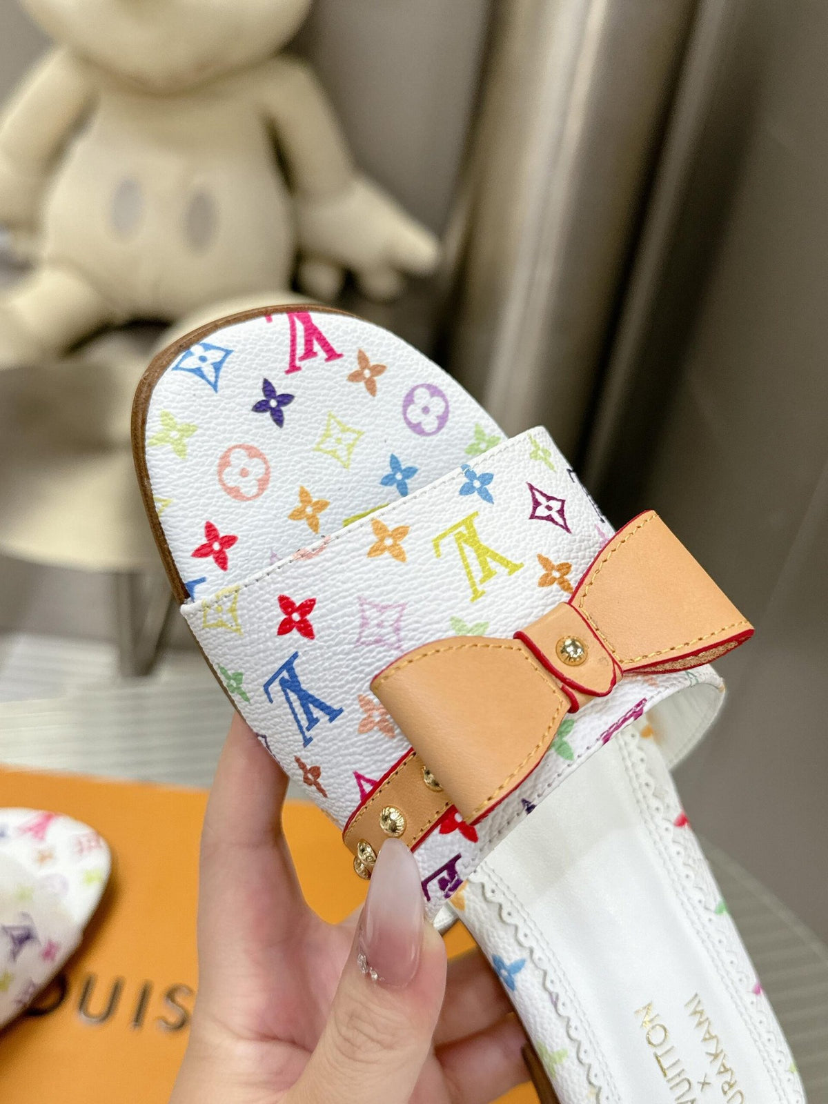 LV Women White Leather Multicolor Monogram Mules