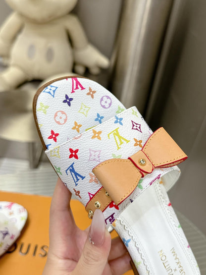 LV Women White Leather Multicolor Monogram Mules
