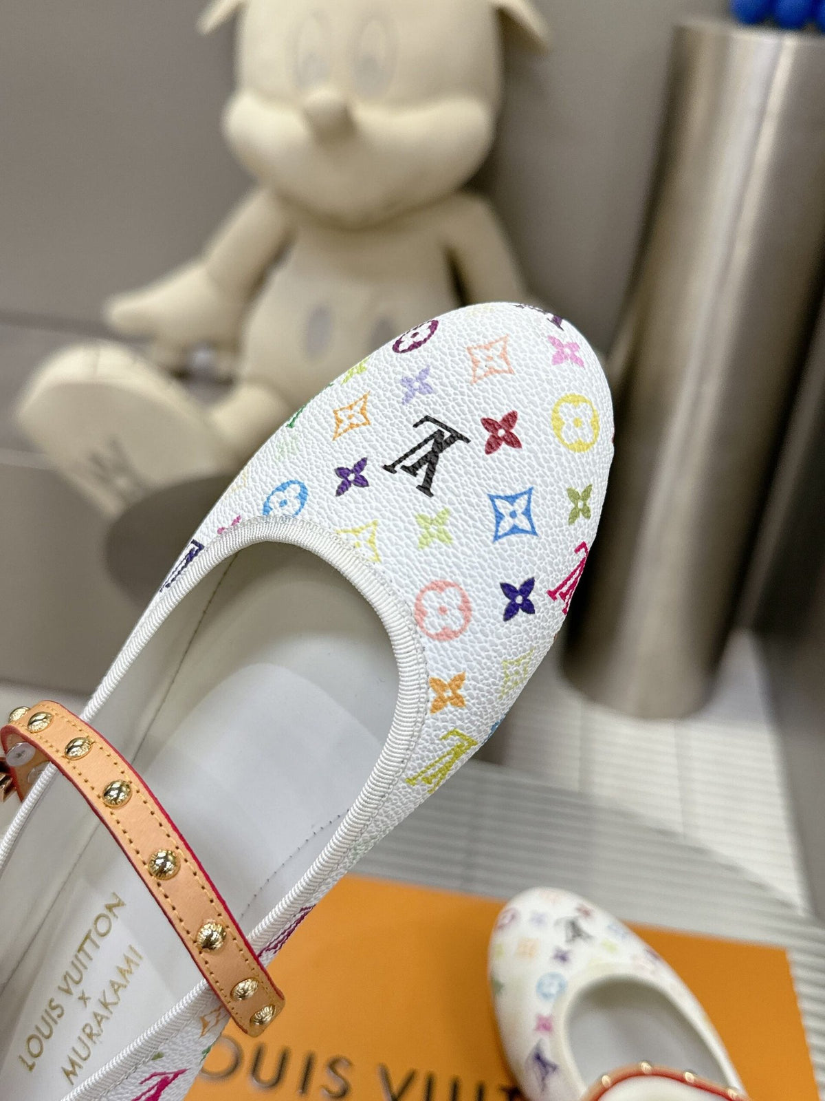 LV Women White Canvas Multicolor Print Leather Strap Flats