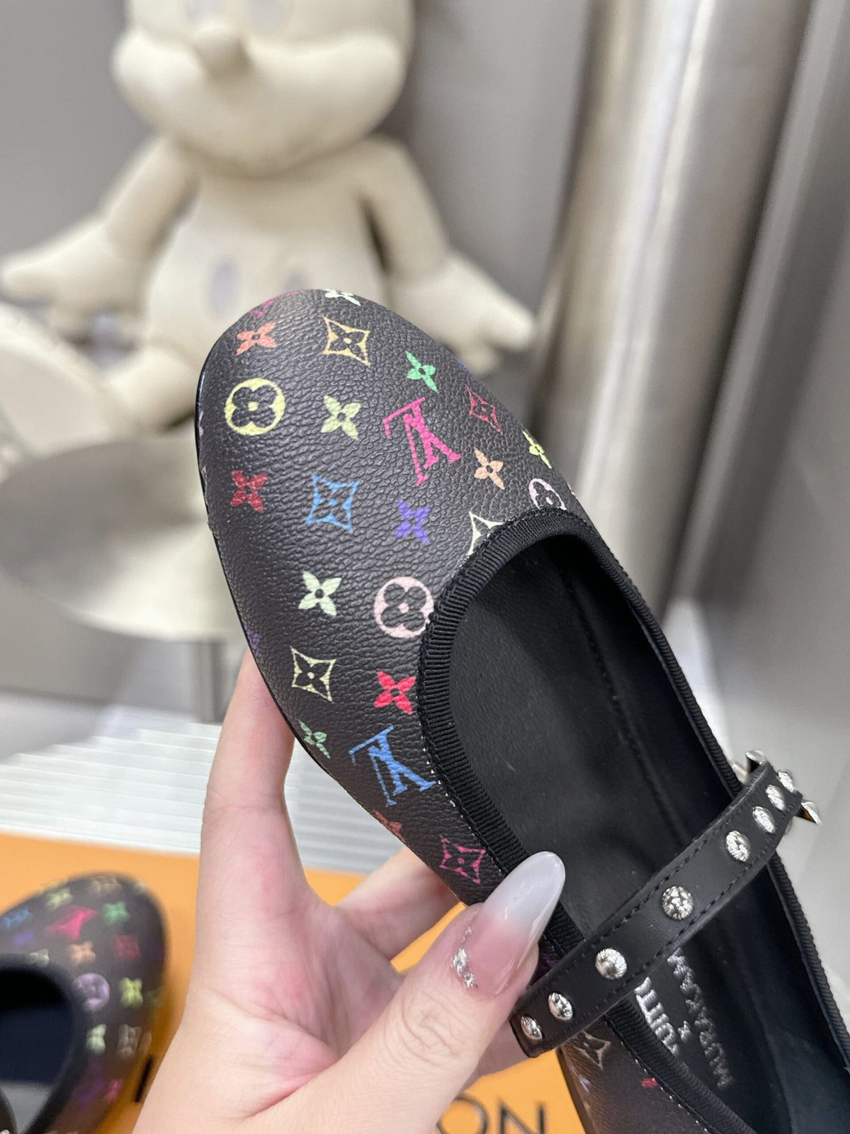 LV Women Black Leather Multicolor Monogram Mary Jane Flats