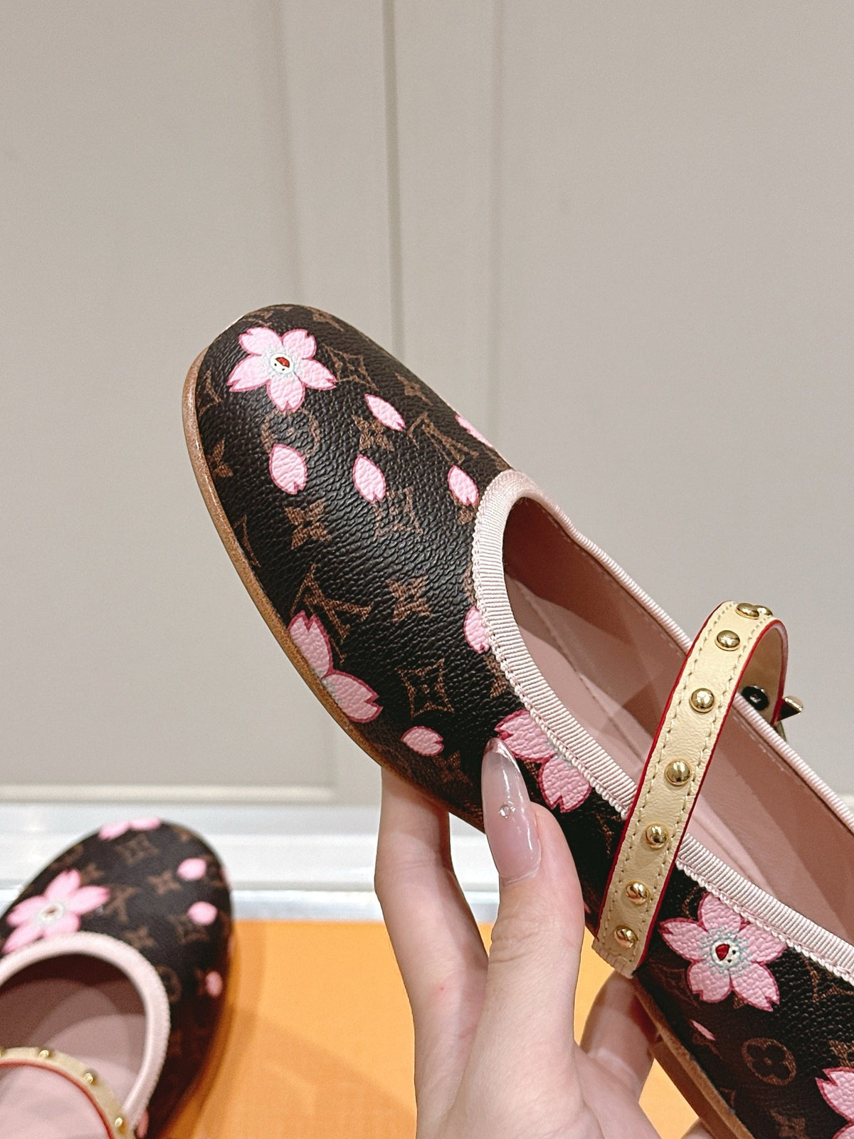 LV Women Brown Canvas Pink Floral Patterned Flats