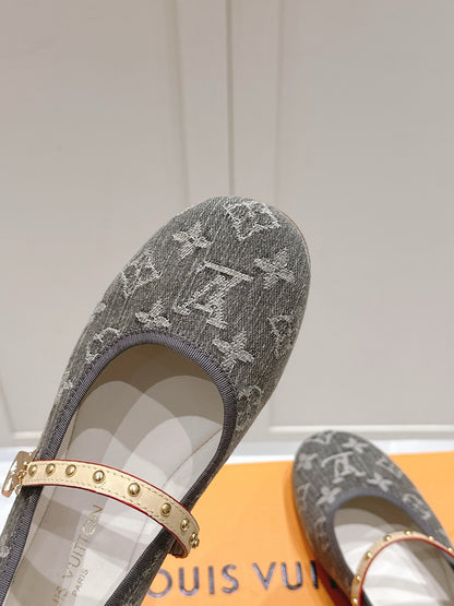 LV Women Gray Fabric Studded Strap Flats