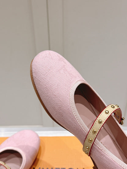 LV Women Pink Fabric Mary Janes Heels