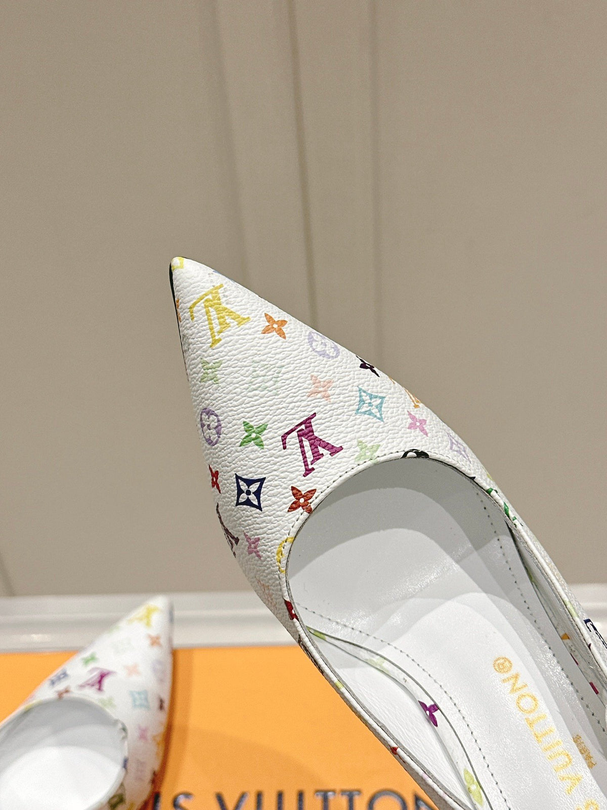 LV Women White Leather Multicolor Logo Heels