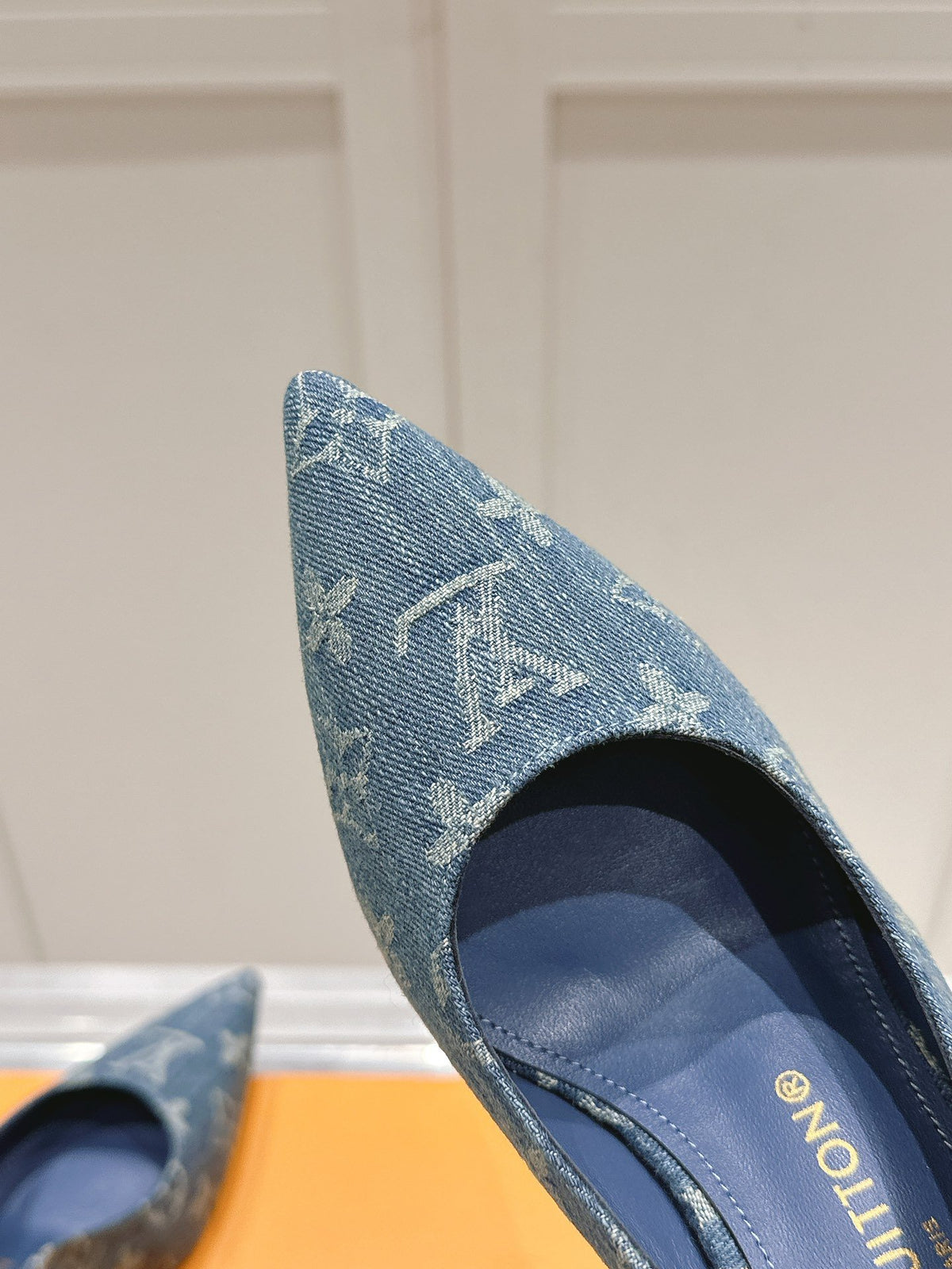 LV Women Blue Denim Leather Trim Slingback Heels