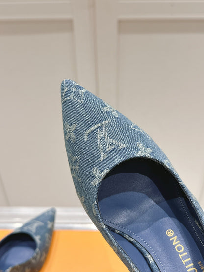 LV Women Blue Denim Leather Trim Slingback Heels