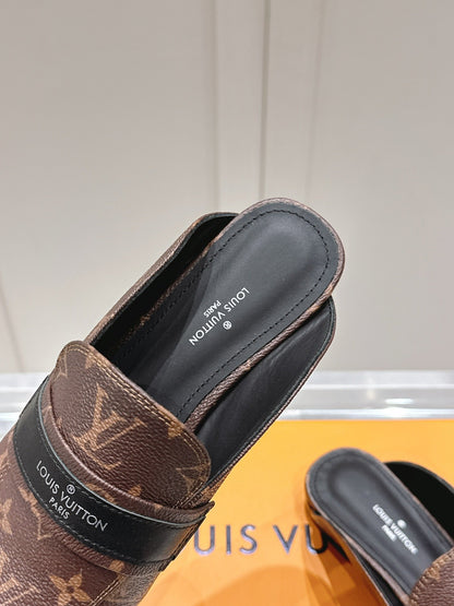 LV Women Brown Leather Monogram Mules