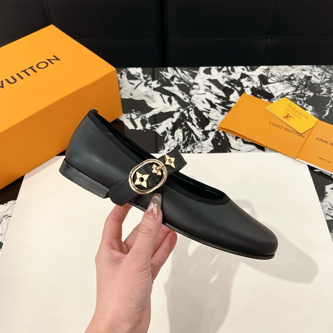 LV Women Black Leather Mary Jane Flats