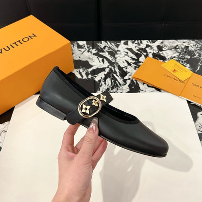 LV Women Black Leather Mary Jane Flats