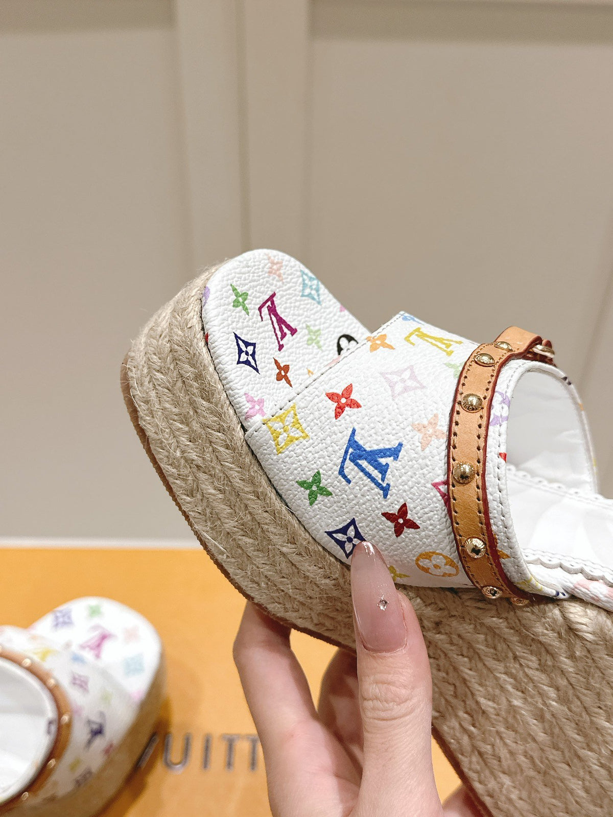 LV Women White Leather Multicolor Print Wedge Sandals
