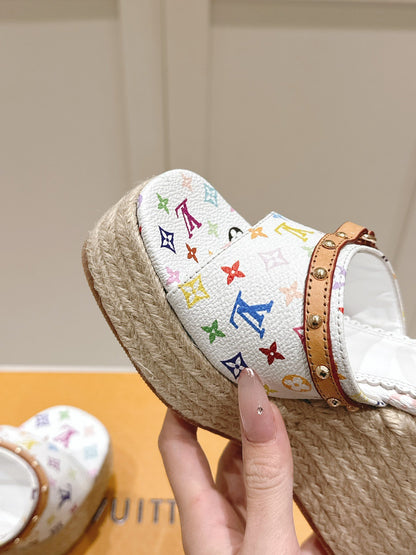 LV Women White Leather Multicolor Print Wedge Sandals