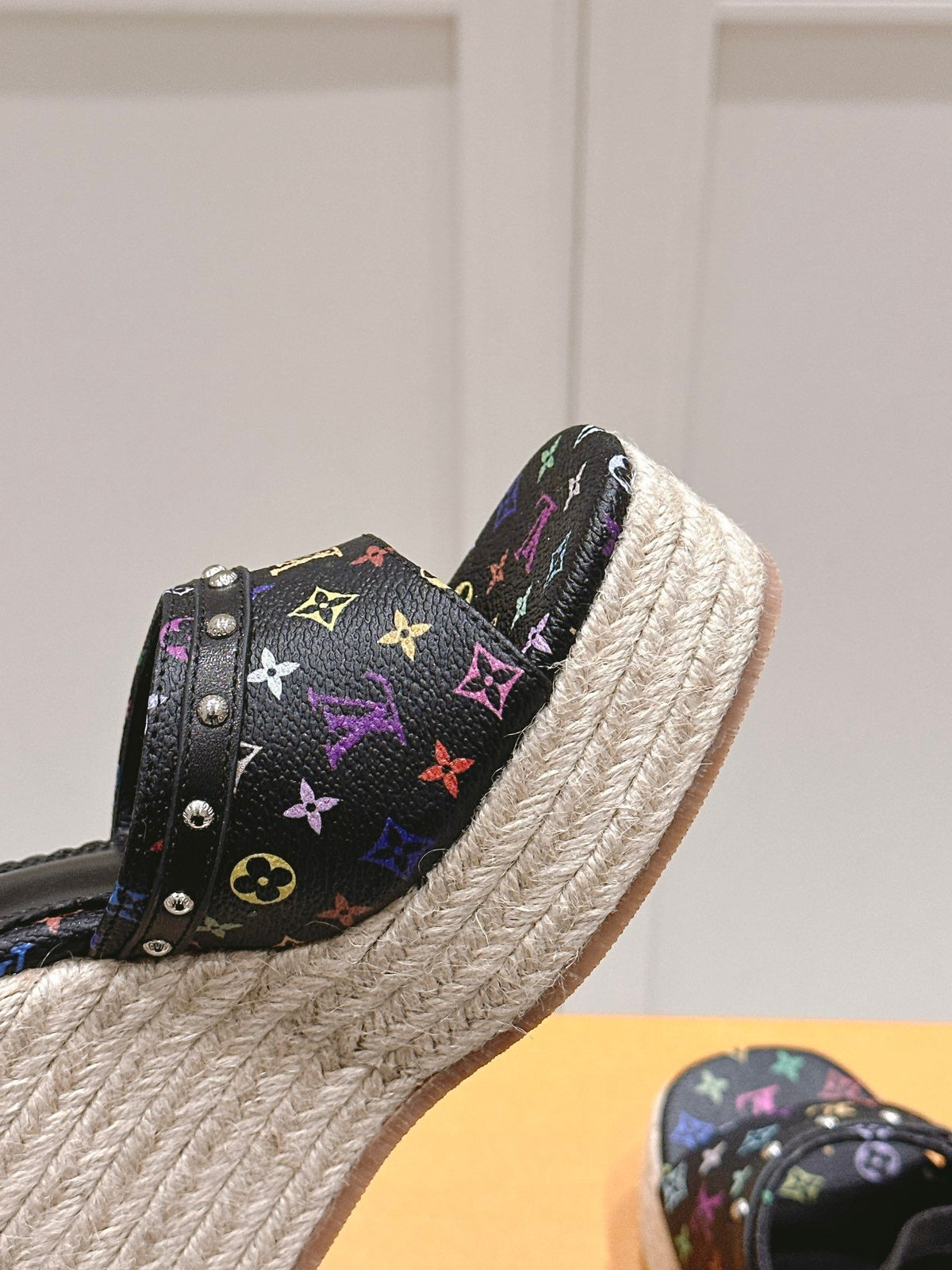 LV Women Black Leather Espadrille Wedge Sandals